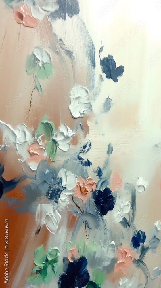 Poster colorful impasto flowers painting created using palette knife technique, adding depth and texture to