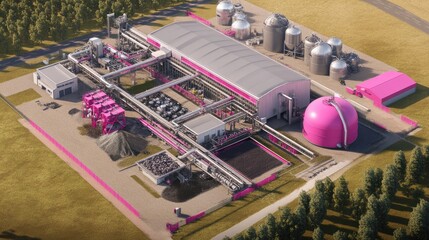 A schematic illustration of the anaerobic digestion process, showing plastic breakdown into gas and charcoal.