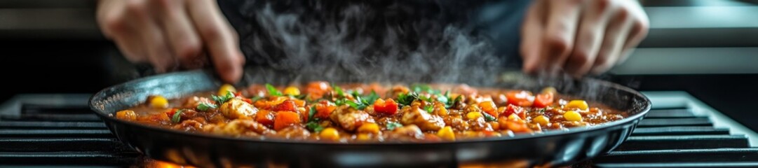 Chef cooking a colorful vegetable and chicken dish garnished with fresh cilantro on a hot skillet. Generative AI