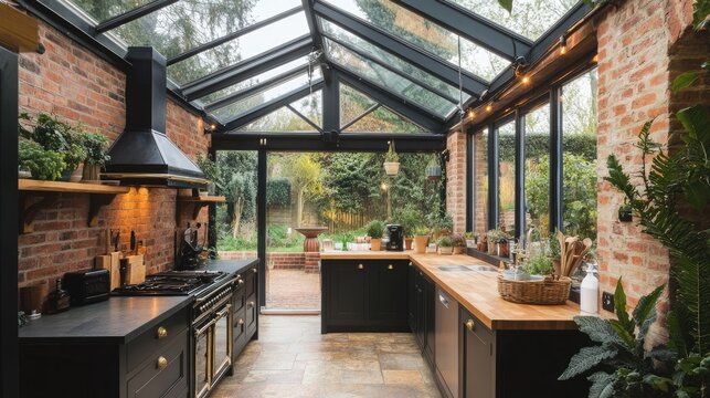 A seamless kitchen extension with a clear roof and a well-planned drainage system.