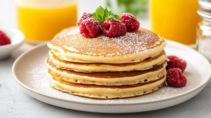 dining experience, Fluffy Pancakes with Raspberries and Powdered Sugar for Brunch on Farm Table Scene