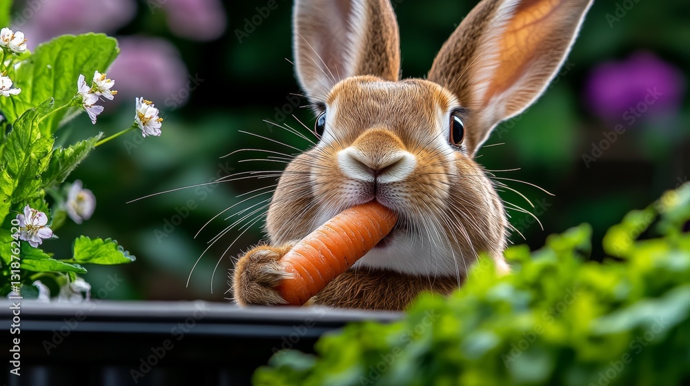 Aufkleber rabbit is eating a carrot in a garden. the rabbit is looking at the camera with a curious expression