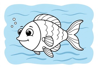Cute cartoon fish swims playfully in calm blue water. AI Generated