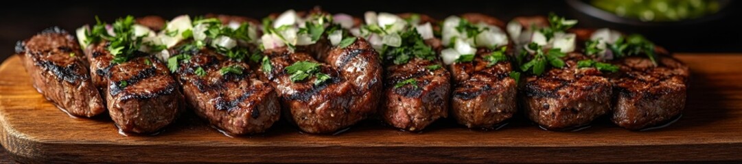Delicious Grilled Carne Asada Steaks with Fresh Cilantro and Onion Garnish. Generative AI