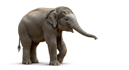 Adorable baby elephant stands gently against bright white background. AI Generated