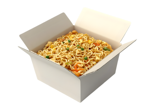 A delicious serving of noodles in a takeaway box, perfect for enjoying quick meals on the go.