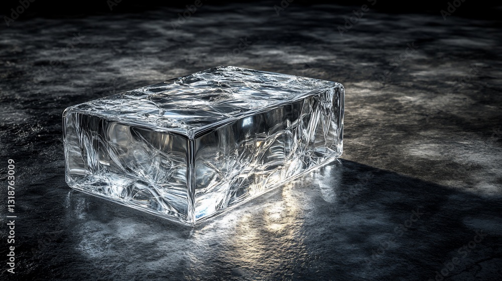Poster translucent ice block rests on rough, dark surface, illuminated by a warm light source