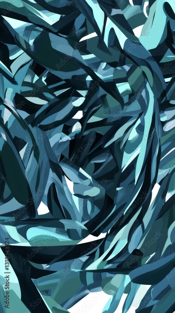 Poster dynamic teal and blue brushstrokes overlap, creating a sense of depth and movement in abstract art
