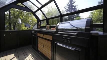 A small kitchen with a polycarbonate roof and proper ventilation, making it feel more spacious.