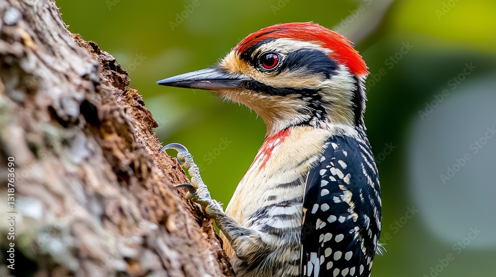 Poster small bird with red feathers on its head is perched on a tree branch. the bird has a black and white
