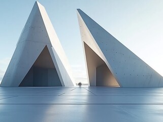 Modern Geometric Buildings Rising from Minimalist Landscape Under Clear Blue Sky
