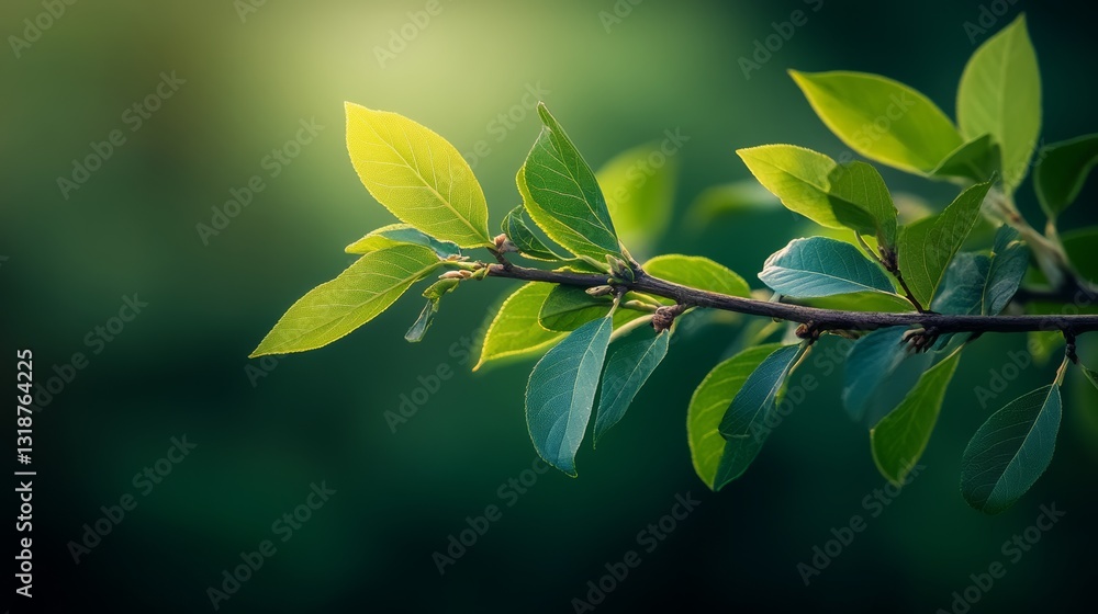 Poster leafy branch with a green leaf on it. the leaf is in the middle of the branch and is the main focus 