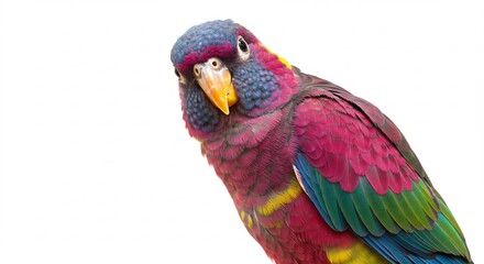 Fototapeta premium Vibrant parrot portrait shows striking plumage bathed in soft light against white background. AI Generated