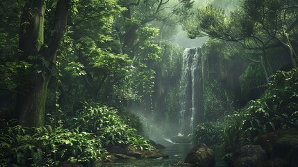 A lush, green jungle with a waterfall in the distance.