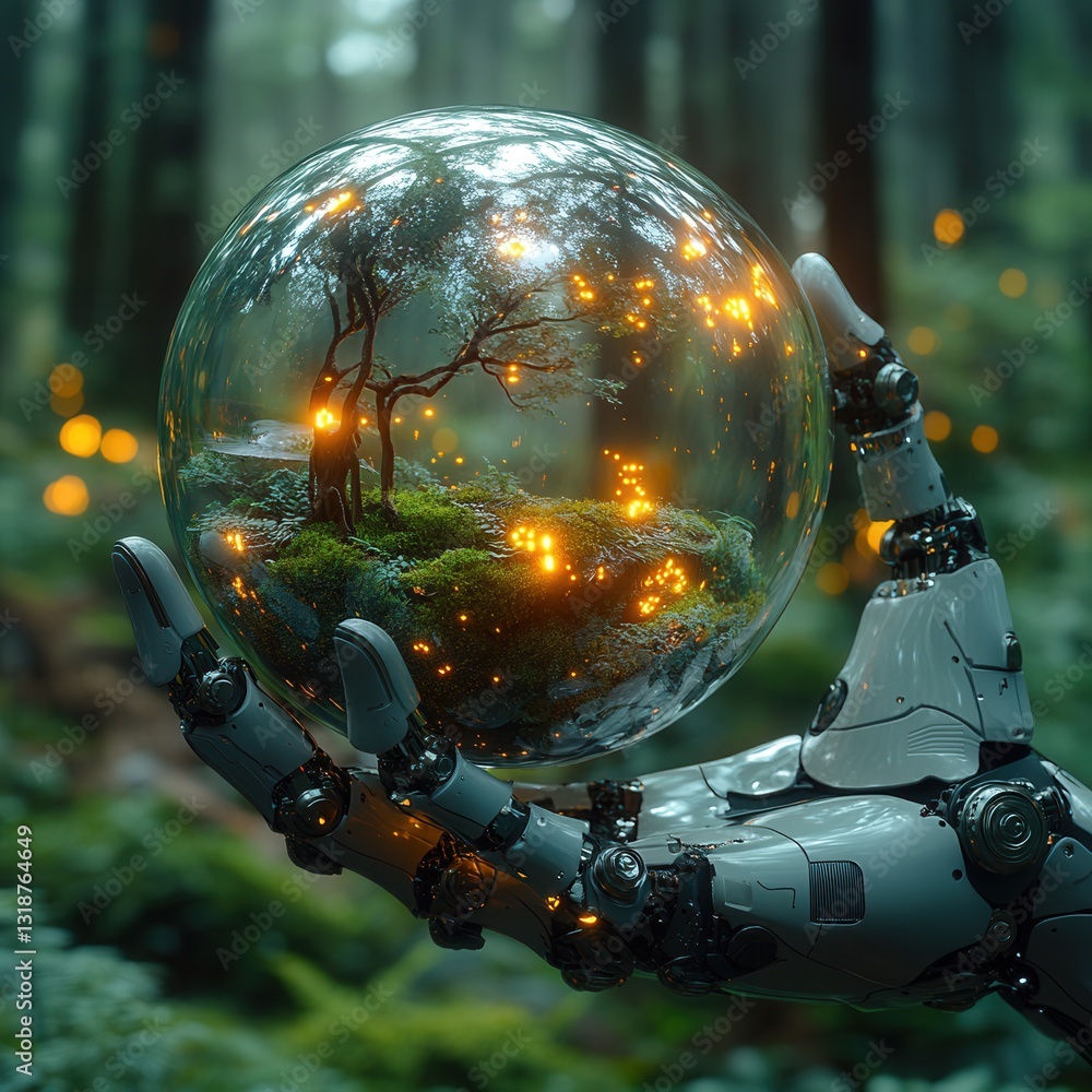 Poster a robotic futuristic hand gently holds and encapsulates a glowing ethereal orb that appears to conta