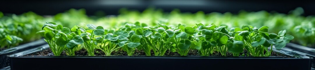 Close-up of growing microgreens in a hydroponic system under artificial light in a modern kitchen. Generative AI