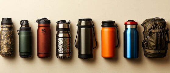 Fototapeta premium Various water bottles lined up with a backpack on a beige background