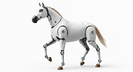 White robotic horse gracefully walks clean studio lighting reveals intricate mechanical details. AI Generated