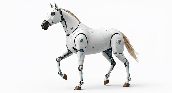 White robotic horse gracefully walks clean studio lighting reveals intricate mechanical details. AI Generated - Powered by Adobe