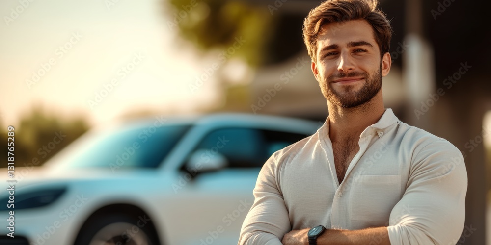 Poster man is standing in front of a white car, smiling and looking at the camera. concept of confidence an