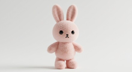 Obraz premium Soft pink plush bunny toy stands gently against bright white background. AI Generated