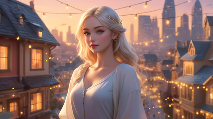 Beautiful woman in soft light on a balcony, surrounded by glowing houses and a city skyline at sunset