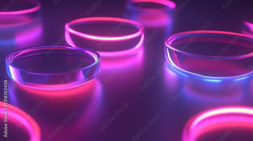 Poster minimalist dark abstract 3d background with floating transparent circles, glowing neon edges, and ir