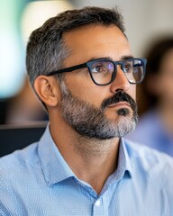 Obraz premium Professional man in modern office setting with diverse team members engaged