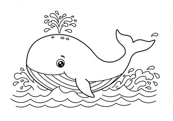 Cute cartoon whale playfully spouts water joyfully in ocean waves. AI Generated