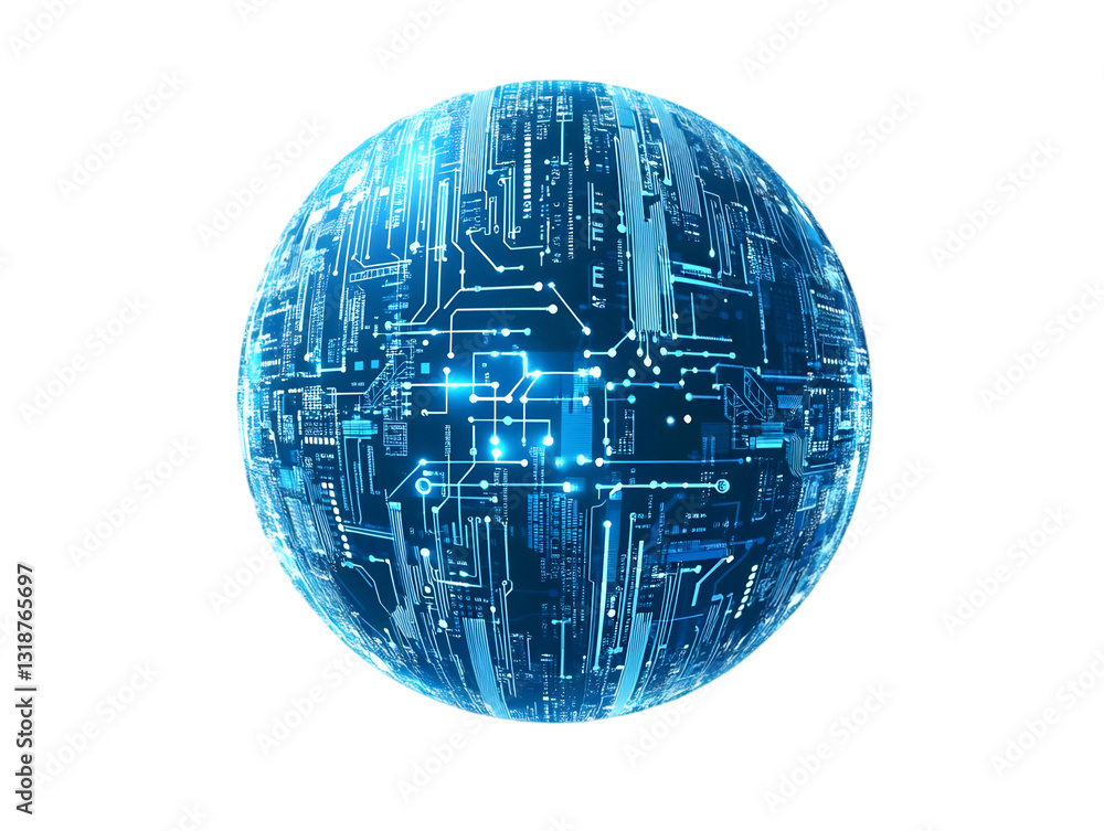 Poster a futuristic digital sphere showcasing intricate circuit patterns and glowing elements, representing