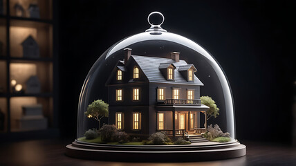 Intricate house model under a glass dome, illuminated softly to showcase its charm and details