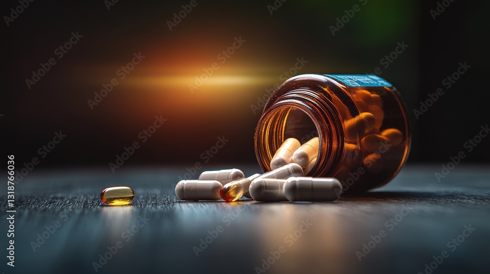 Poster bottle of pills is on a table with pills scattered around it. the pills are in different colors and 
