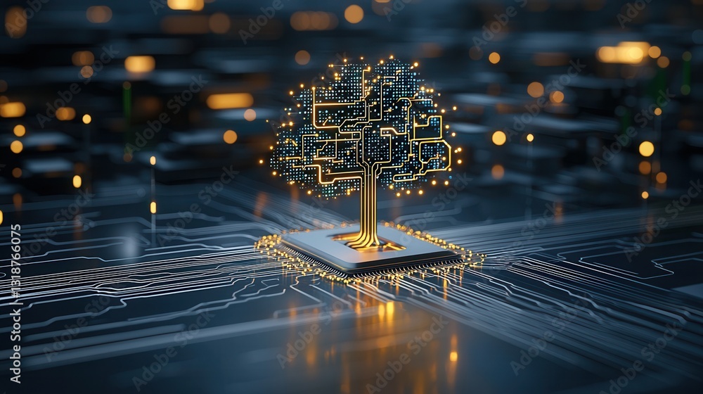 Poster a futuristic and captivating image depicting an illuminated complex technological circuit tree with 