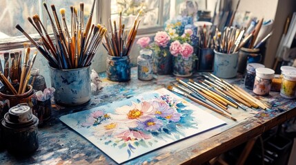 A cozy artist space comes alive with an array of brushes and paint jars, capturing the essence of creativity. A stunning watercolor floral artwork rests on the table, basking in soft light
