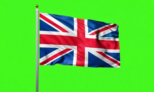 United kingdom flag on pole waving animation on green screen background.