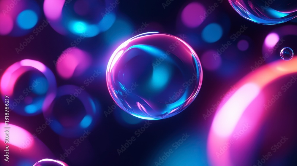 Poster minimalist dark abstract 3d background with floating transparent circles, glowing neon edges, and ir