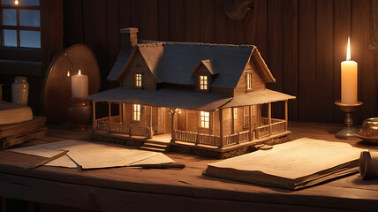 Warmly lit wooden house model resting on a rustic table surrounded by documents and candles