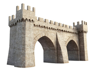 Obraz premium A historic stone bridge featuring arched openings, intricate towers, and a sturdy structure that represents architectural elegance.