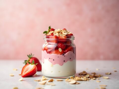 Strawberry Yogurt Parfait with Almonds: A strawberry yogurt parfait recipe made with layers of yogurt, fresh strawberries, and sliced almonds. - Powered by Adobe