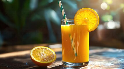 A glass of orange juice with a striped straw, giving a playful vibe