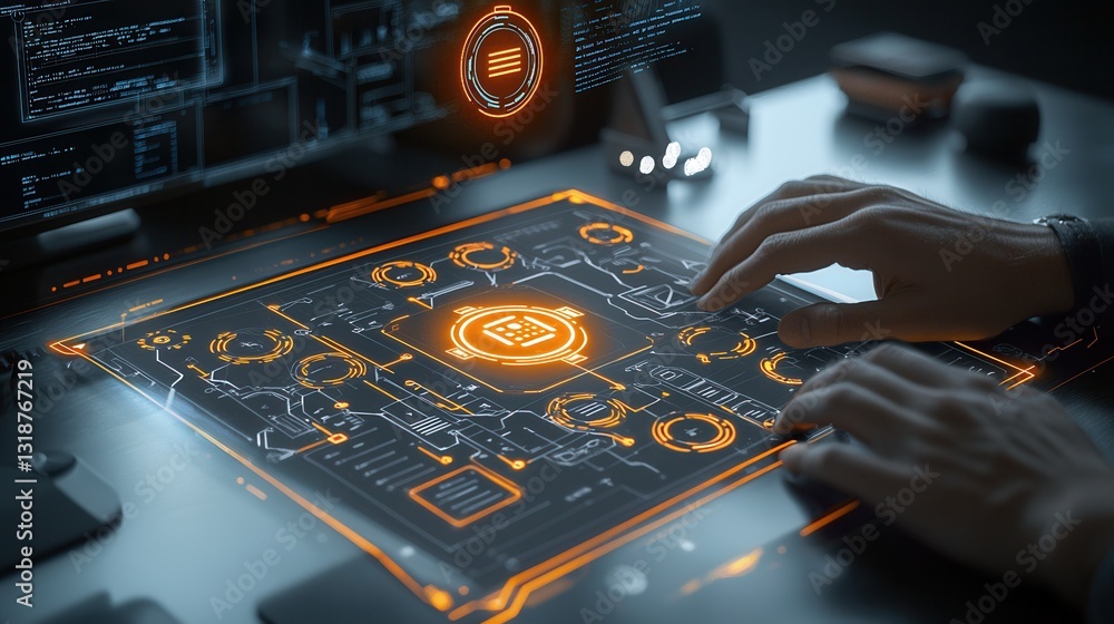 Poster hacker s hands swiftly navigating a futuristic digital workspace intense cyber world scene showcasin