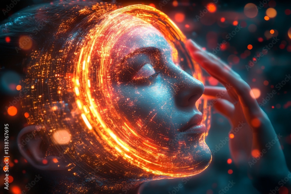 Poster digital art portrait of a woman with glowing circuitry and abstract elements in a futuristic setting