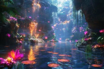 Fototapeta premium Luminous water garden filled with vibrant flowers and waterfalls under a mystical atmosphere during the twilight hours