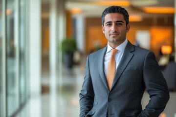 Business professional dressed in a gray suit with orange tie poses confidently in a modern office lobby during daylight hours