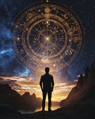 Person gazing at a star-filled sky adorned with zodiac symbols, cosmic wonder, celestial connection, night-time serenity