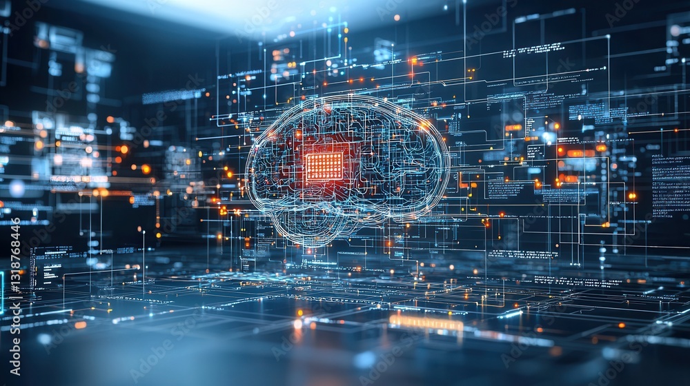 Poster futuristic brain inspired intelligence and learning technology concept visualization with digital da