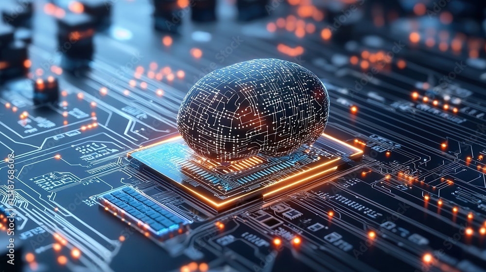 Poster intelligence and learning driven technology concept with futuristic circuit board microchip processo