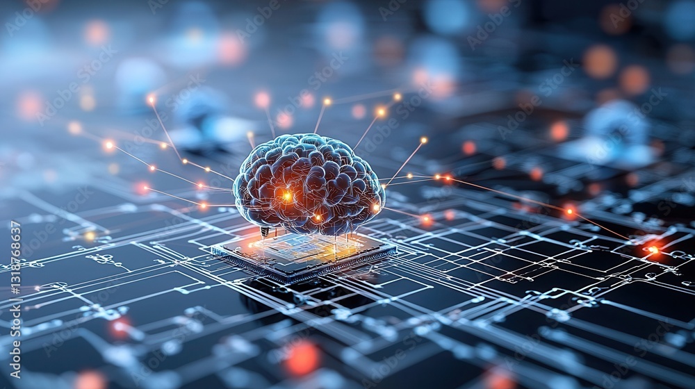 Poster intelligence and learning concept with glowing neural network and brain visualization representing t