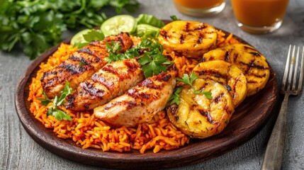 Fototapeta premium A spicy Nigerian jollof rice with grilled chicken and plantains on a wooden plate.