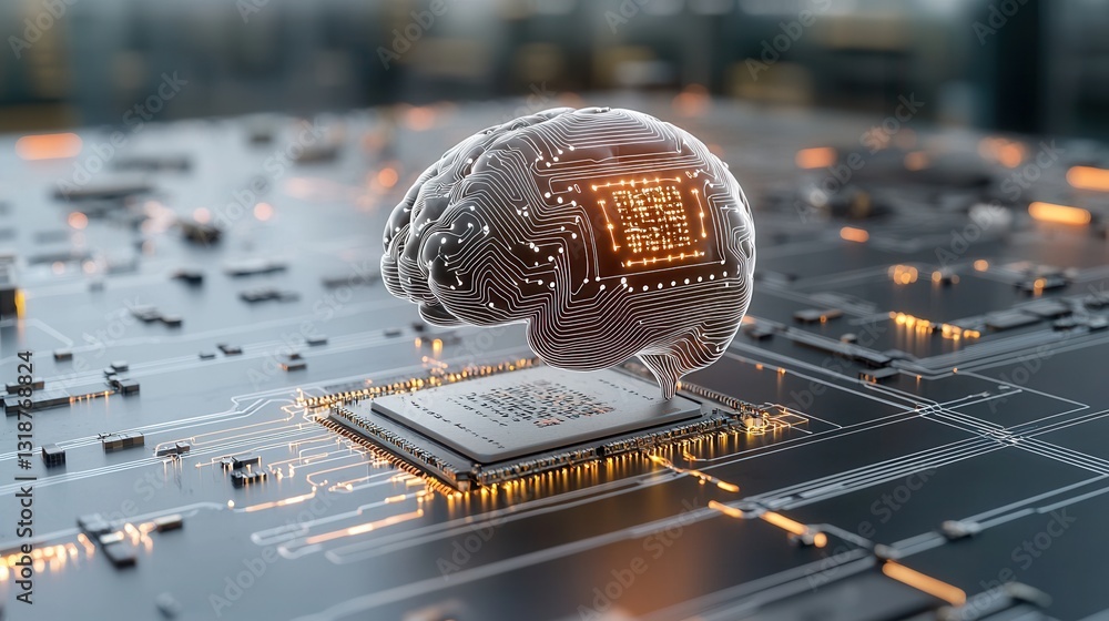 Poster learning and deep fusion concept with futuristic digital brain and circuit board backdrop intelligen